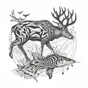 A minimalist blackwork tattoo of a deer and fish crossing paths, symbolizing the engineer's love for nature tattoo design idea