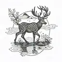 A minimalist blackwork tattoo of a deer and fish crossing paths, symbolizing the engineer's love for nature tattoo design idea