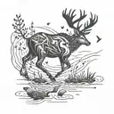 A minimalist blackwork tattoo of a deer and fish crossing paths, symbolizing the engineer's love for nature tattoo design idea