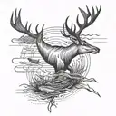 A minimalist blackwork tattoo of a deer and fish crossing paths, symbolizing the engineer's love for nature tattoo design idea