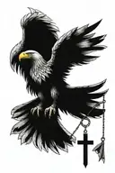 A futuristic mechanical eagle carrying a cross in its talons, with the American flag waving in the background tattoo design idea