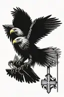 A futuristic mechanical eagle carrying a cross in its talons, with the American flag waving in the background tattoo design idea