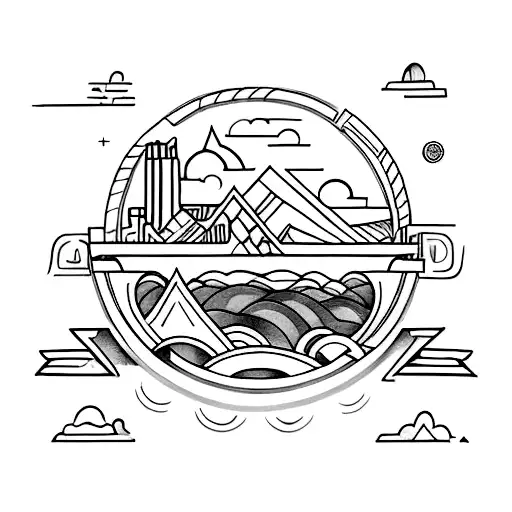 A tattoo design inspired by mythology and history, featuring a city skyline and a vintage camera tattoo design idea