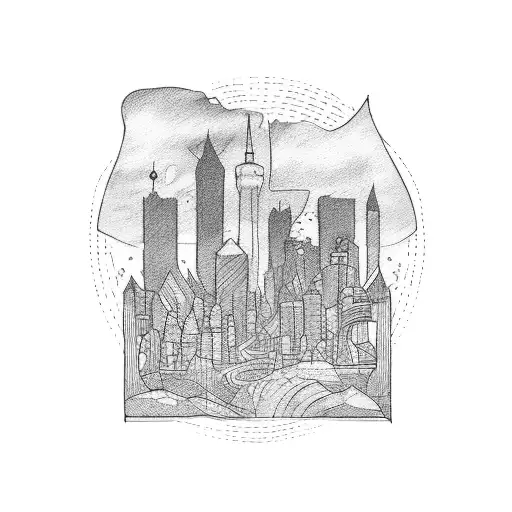 A tattoo design inspired by mythology and history, featuring a city skyline and a vintage camera tattoo design idea