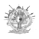 A tattoo design inspired by mythology and history, featuring a city skyline and a vintage camera tattoo design idea