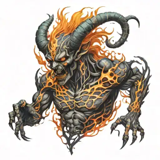 A powerful demon with glowing fiery veins and intricate details tattoo design idea
