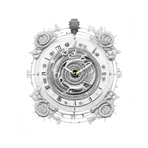 An intricate black and grey tattoo of a clock mechanism integrated with binary code tattoo design idea