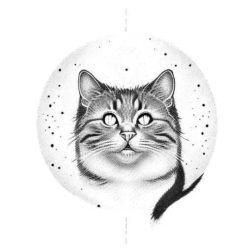 Black cat with white spots astronaut tattoo design idea
