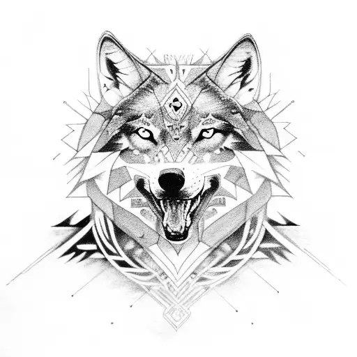 A mystical scene of wolves and ravens surrounded by protective symbols, blending tribal and spiritual elements tattoo design idea