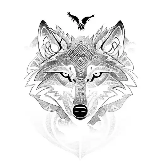 A tribal design incorporating wolves and ravens intertwined, symbolizing protection and strength tattoo design idea