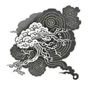 Chinese style cloud with lightning that has two tendrils striking. All black. Simple.  tattoo design idea