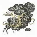 Chinese style cloud with lightning that has two tendrils striking. All black. Simple.  tattoo design idea