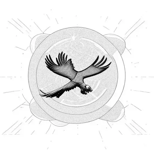 A minimalist tattoo of an eagle soaring over a beach with a golden ratio sun tattoo design idea