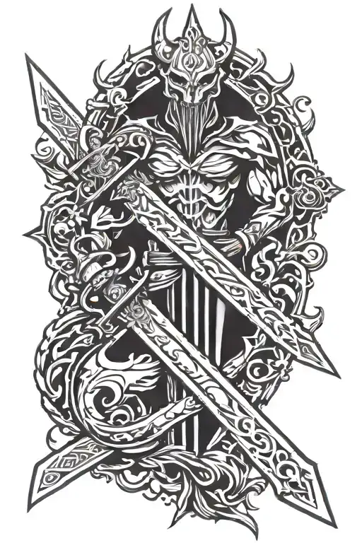 excaliber sword with demon behind it with devil eyes tattoo design idea