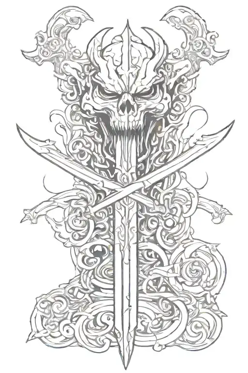 sword with demon behind it with devil eyes looking tattoo design idea