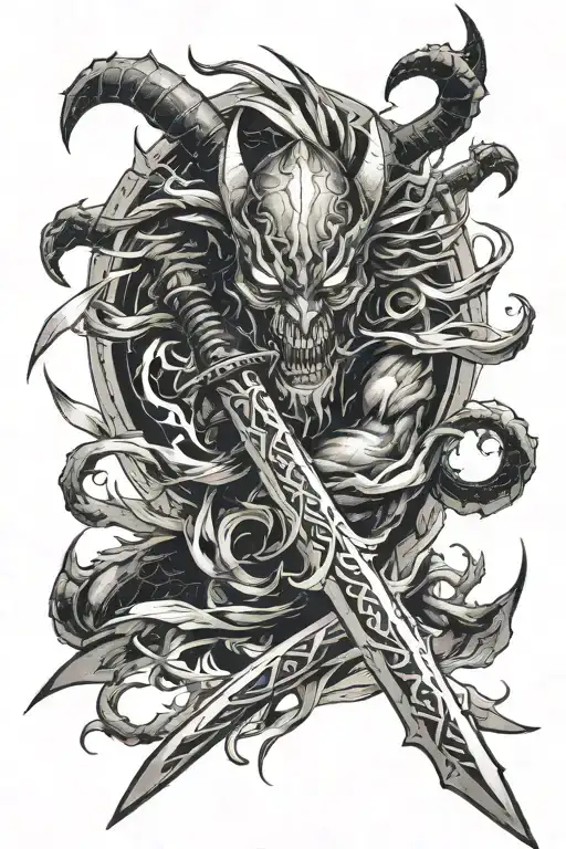 stright long sword with demon face behind it  tattoo design idea