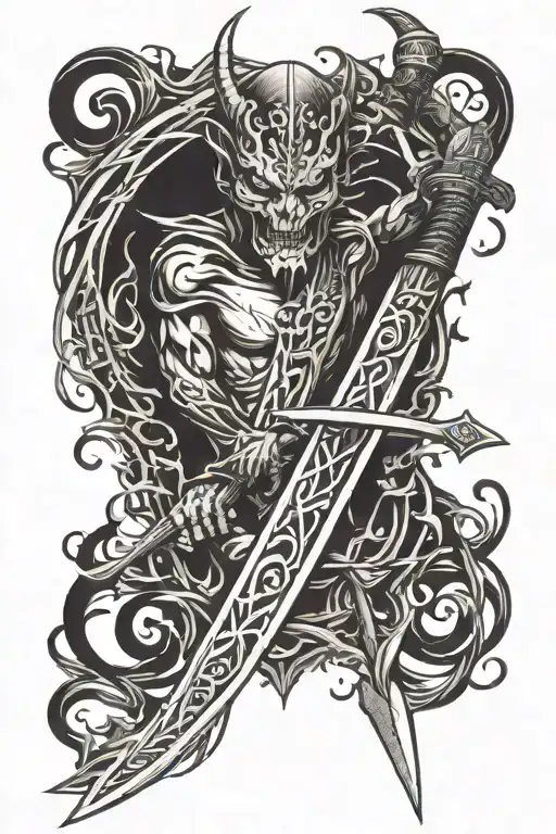 long sword with one devil face behind the sword with devil eyes tattoo design idea