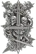 sword with the devil face behind it with devil eyes tattoo design idea