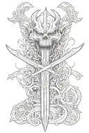 sword with demon behind it with devil eyes looking tattoo design idea