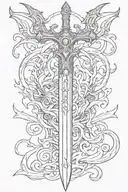 sword with demon behind it with devil eyes looking tattoo design idea