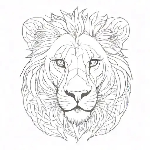 (Should be a vividly detailed black drawing on parchment paper) OF LION illustrating a stylized "men tattoo" in a sleek, tattoo design idea