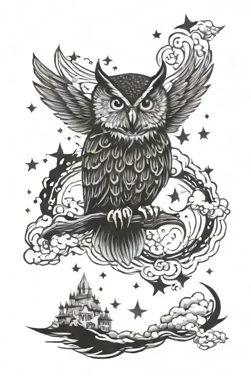 owl stars storm clouds tattoo design idea