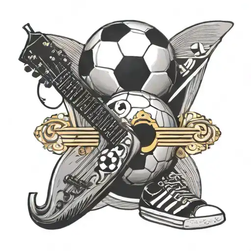 An intricate tattoo showcasing a soccer ball, a microphone, and a surfboard, reflecting your interests in futebol, music, and the beach tattoo design idea