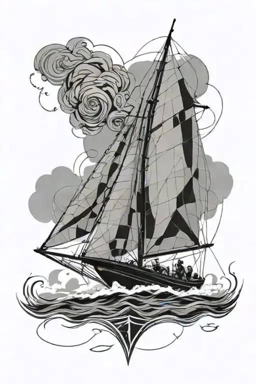 Stern view sailing boat (J CLASS) sailing into a storm with lightning strike in the background. the theme is FEAR NOT tattoo design idea