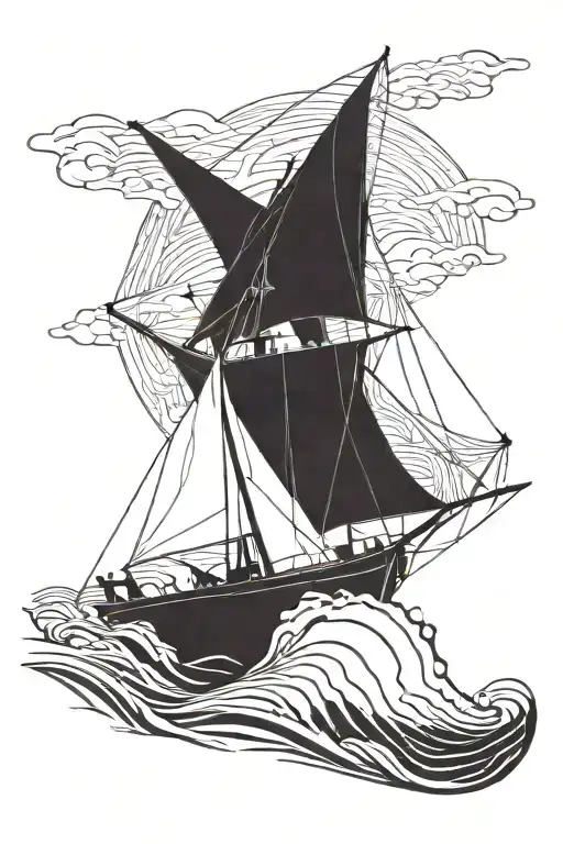 Stern view sailing boat (J CLASS) sailing into a storm with lightning strike in the background. the theme is FEAR NOT tattoo design idea