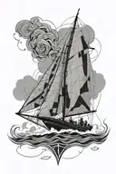 Stern view sailing boat (J CLASS) sailing into a storm with lightning strike in the background. the theme is FEAR NOT tattoo design idea