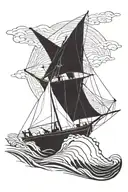 Stern view sailing boat (J CLASS) sailing into a storm with lightning strike in the background. the theme is FEAR NOT tattoo design idea