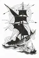Stern view sailing boat (J CLASS) sailing into a storm with lightning strike in the background. the theme is FEAR NOT tattoo design idea
