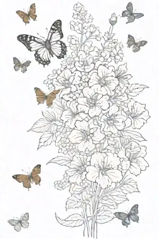 a collection of wildflowers, primarily hydrangeas (at least 3), with one butterfly and one bee nearby. stems included tattoo design idea