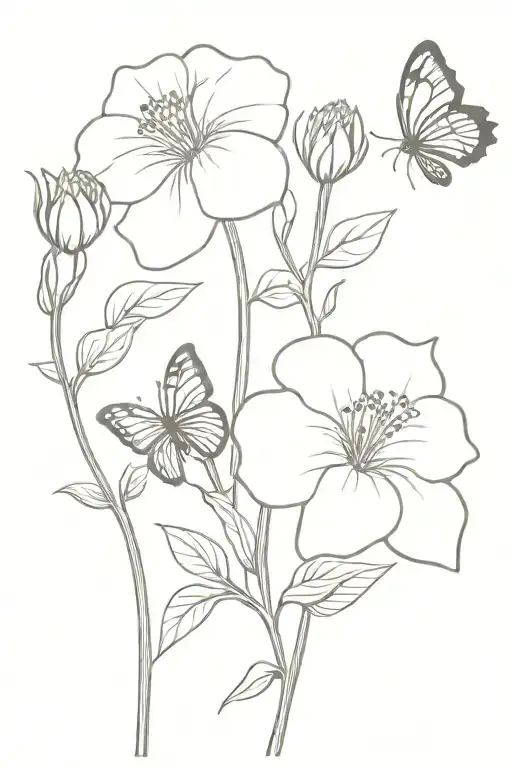 3 hydrangeas from stem to flower with 1 butterfly and 1 bee nearby tattoo design idea