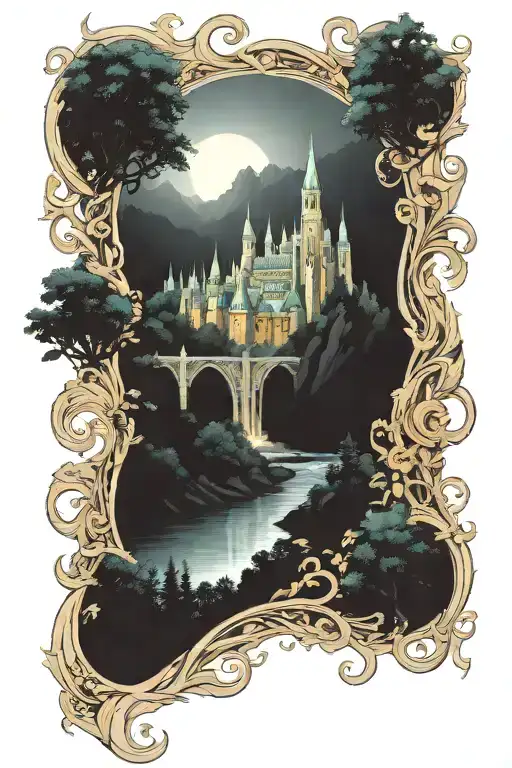Feminine, elven style, landscape of Rivendell from Lord of the Rings tattoo design idea