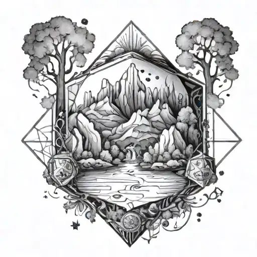 d20 outline filled with fantasy landscape tattoo design idea