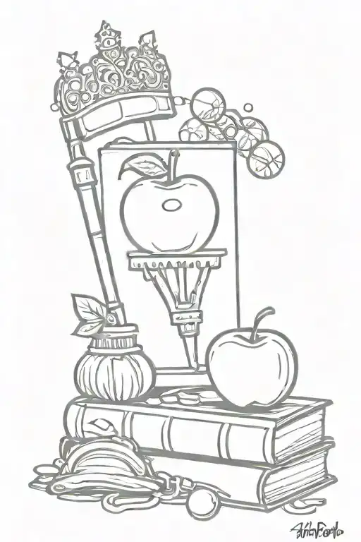 an apple and a crown and Christmas lights and a sonic screwdriver and a book tattoo design idea