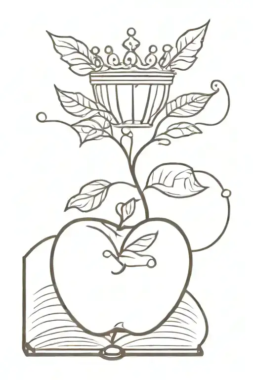 an apple and a crown and a book and fairy lights  tattoo design idea