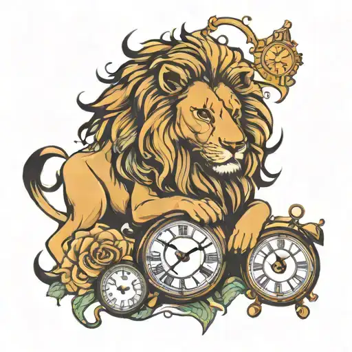 lion and clocks   tattoo design idea