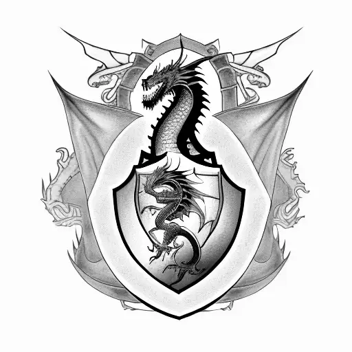 mystical dragon sitting on a shield with a coat of arms on it tattoo design idea
