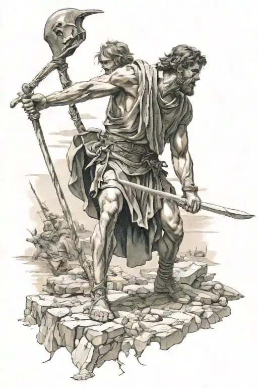 David standing over Goliath victorious and holding his decapitated head on a battlefield tattoo design idea