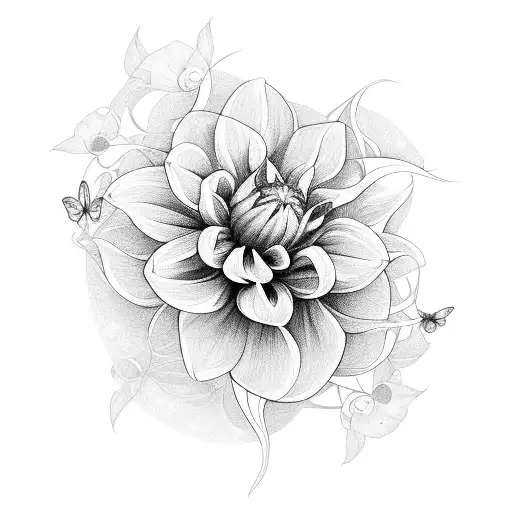 dahlia, california poppy, and tulip surrounded by a circular wisp with a butterfly perched on top and vines draped below tattoo design idea