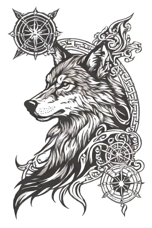 wolf Nordic compass viking tattoo design idea
