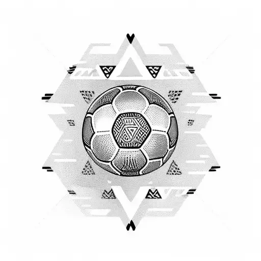 Soccer player kicking a ball with an Aztec pattern in the background tattoo design idea
