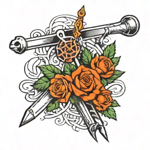 knife stiletto and web on elbow lifts barbell tattoo design idea