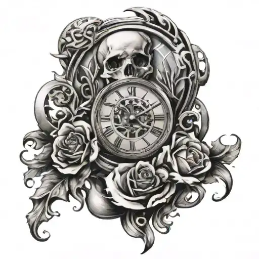 clock skeleton bones and broken glass tattoo design idea