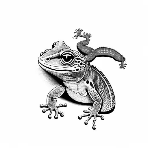 Gecko with fine lines an complete body. Not realistic. Background with monstera leaves  tattoo design idea