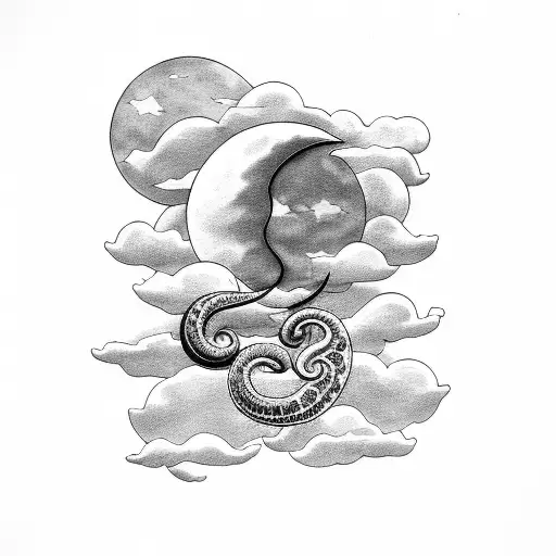 Clouds with a moon and snake tattoo design idea