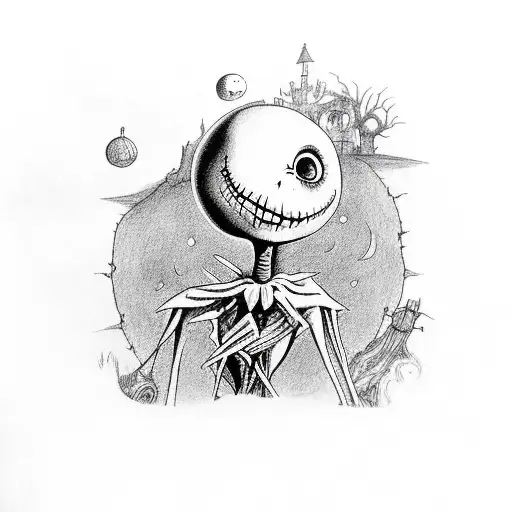 A traveler exploring a Tim Burton-inspired world filled with nightmare before christmas characters tattoo design idea