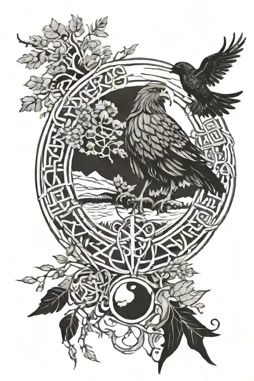 The Valhalla symbol in the circle of runes, Yggdrasil is growing from the circle and there are 2 crows next to it tattoo design idea